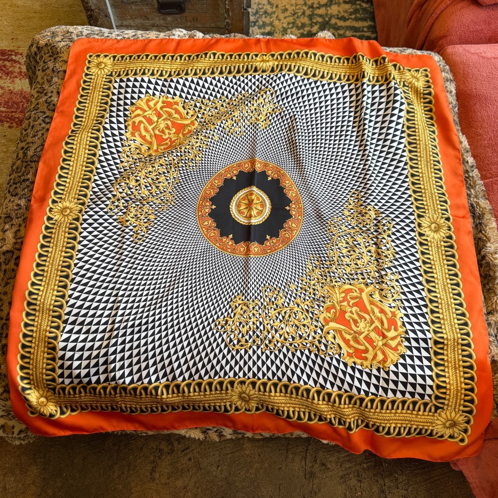 Vintage Italian Art of the Scarf Vibrant Orange and Black Geometric Scarf